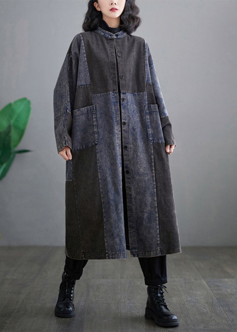 Retro Denim Blå Lommer Patchwork Button Lange Trench Coats Langermet - Trenchcoats for kvinner