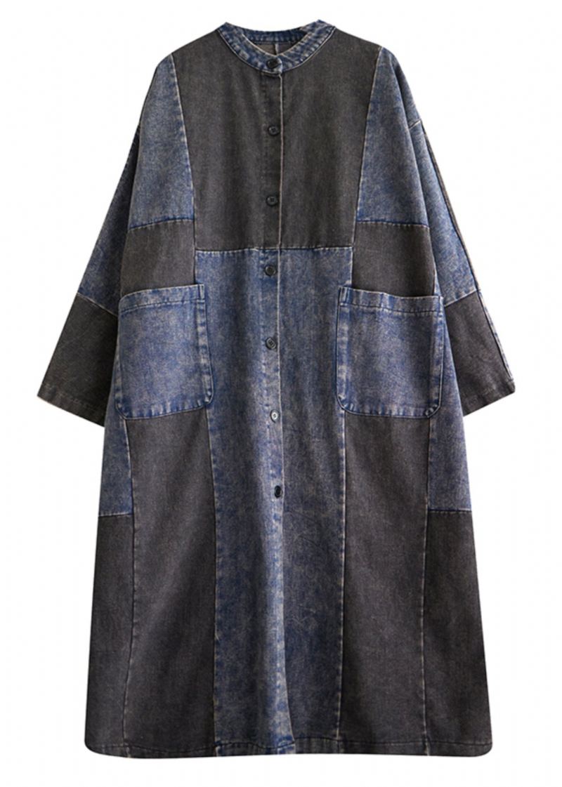 Retro Denim Blå Lommer Patchwork Button Lange Trench Coats Langermet - Trenchcoats for kvinner