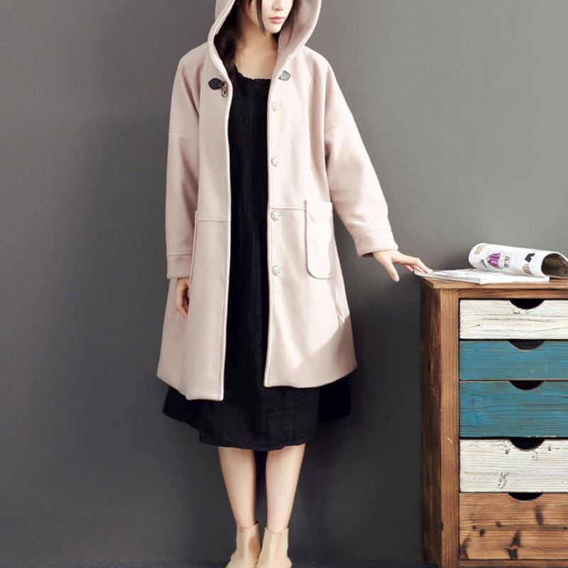 Rosa Casual Lange Ermer Yttertøy Baggy Løs Hette Solid Trenchcoats