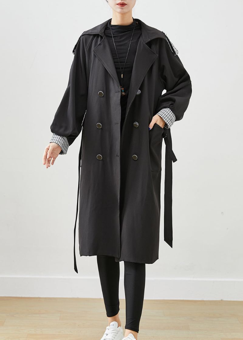 Silm Fit Black Double Breast Tie Midje Cotton Coat Outwear Fall - Trenchcoats for kvinner