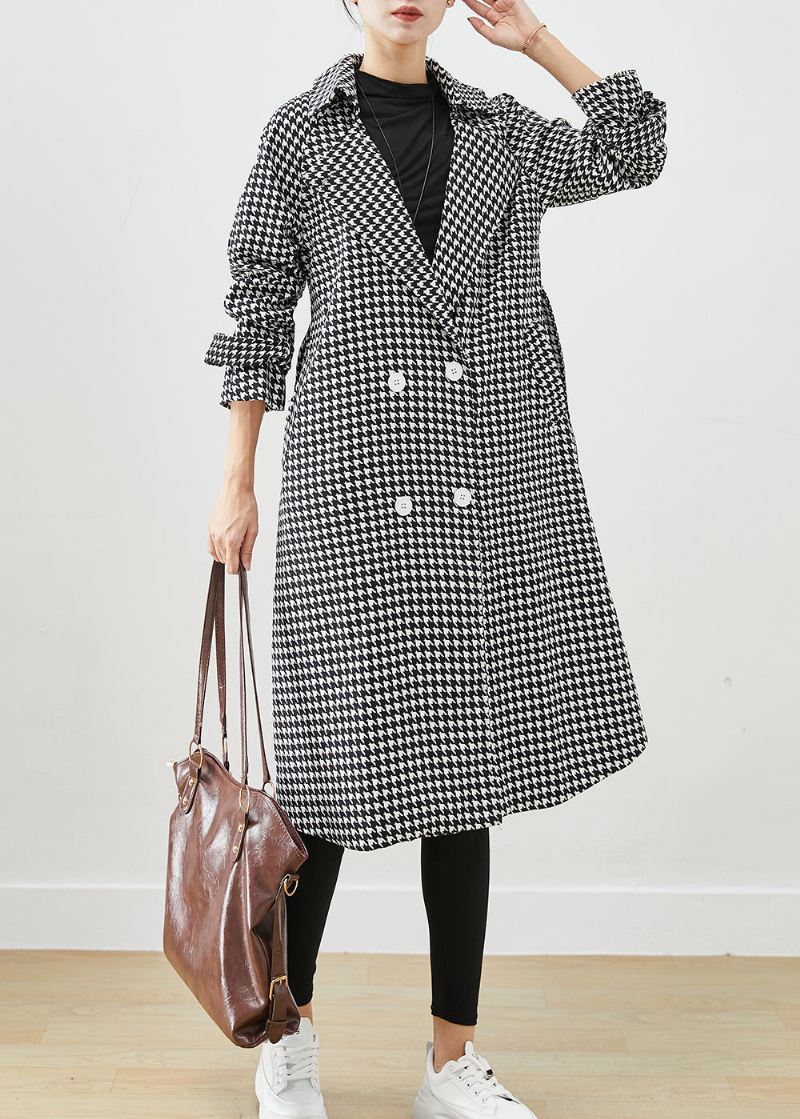 Silm Fit Black Plaid Dobbel Bryst Cotton Trench Fall