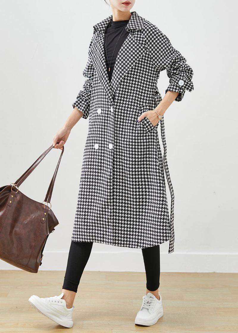 Silm Fit Black Plaid Dobbel Bryst Cotton Trench Fall - Trenchcoats for kvinner