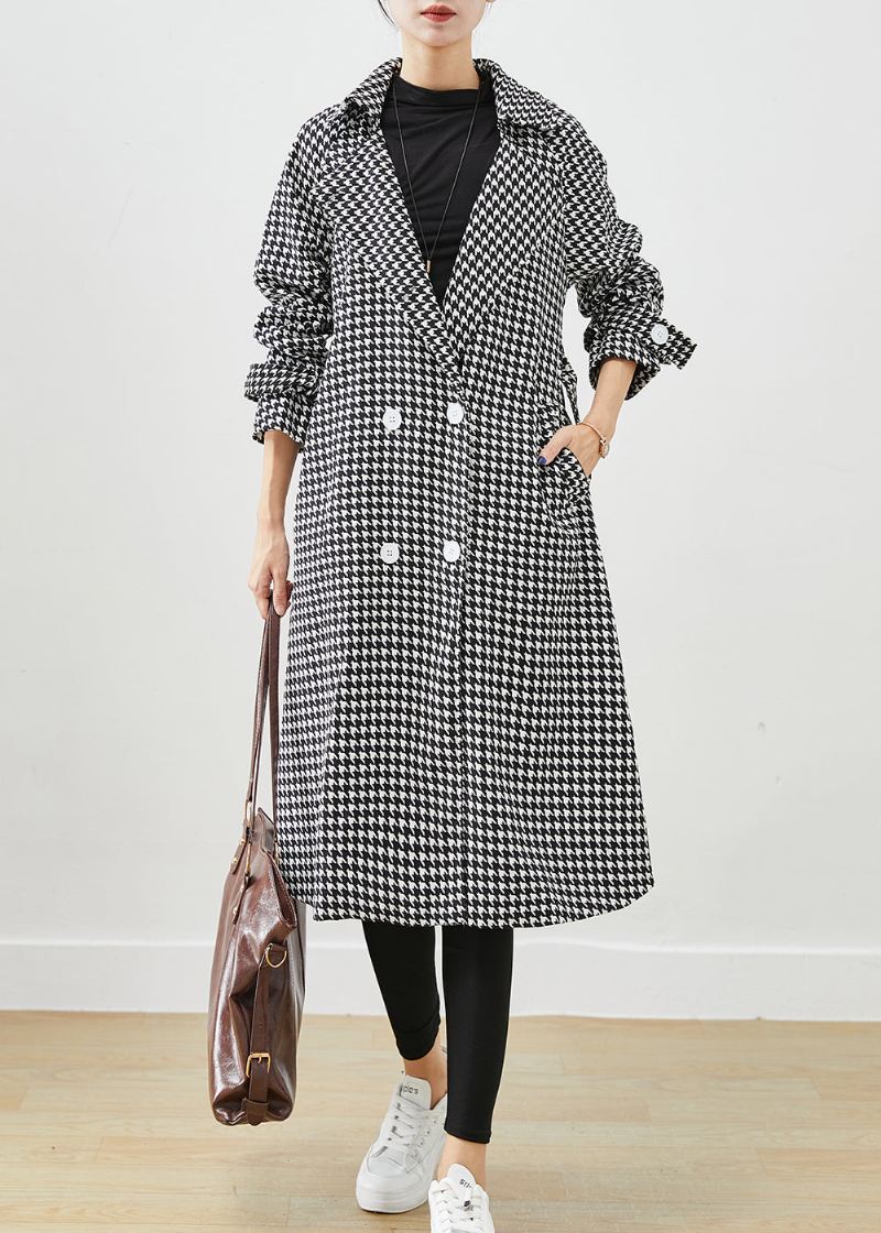 Silm Fit Black Plaid Dobbel Bryst Cotton Trench Fall - Trenchcoats for kvinner