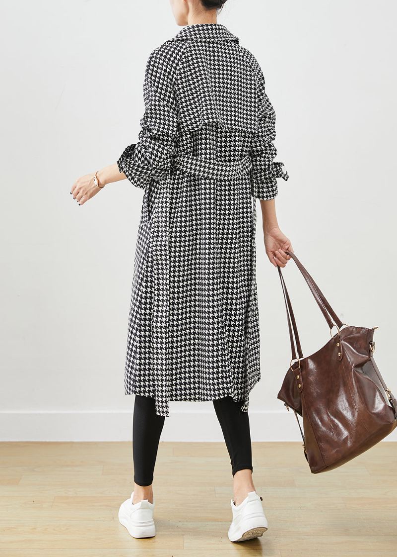 Silm Fit Black Plaid Dobbel Bryst Cotton Trench Fall - Trenchcoats for kvinner