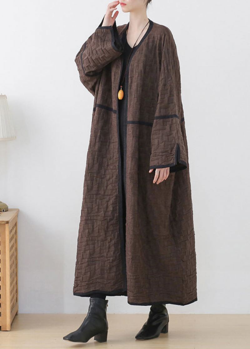 Sjokoladefarge V-hals Patchwork Ull Trench Coats Langermet - Kaffe