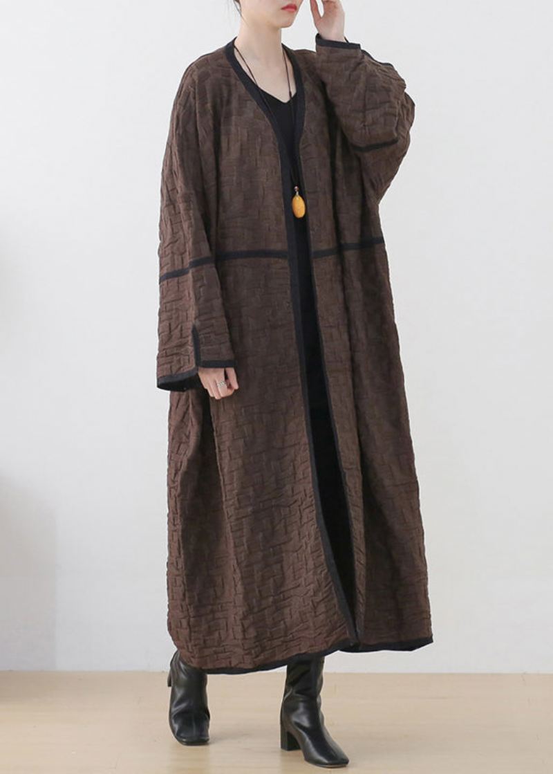 Sjokoladefarge V-hals Patchwork Ull Trench Coats Langermet - Kaffe