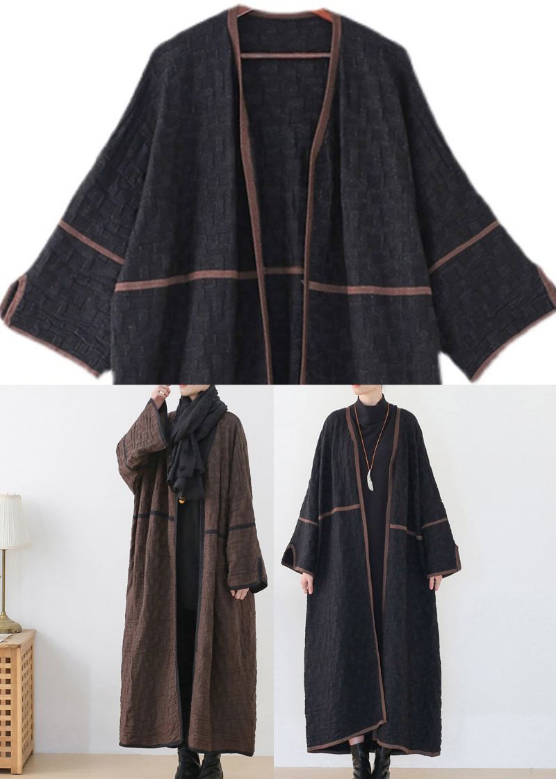 Sjokoladefarge V-hals Patchwork Ull Trench Coats Langermet - Kaffe