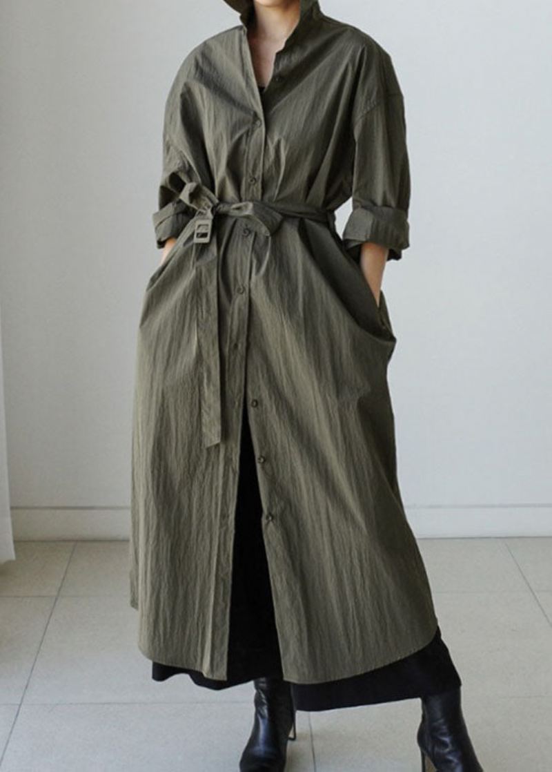 Stil Army Green Peter Pan Krage Bomull Slips Midje Lang Trench Coat Vår