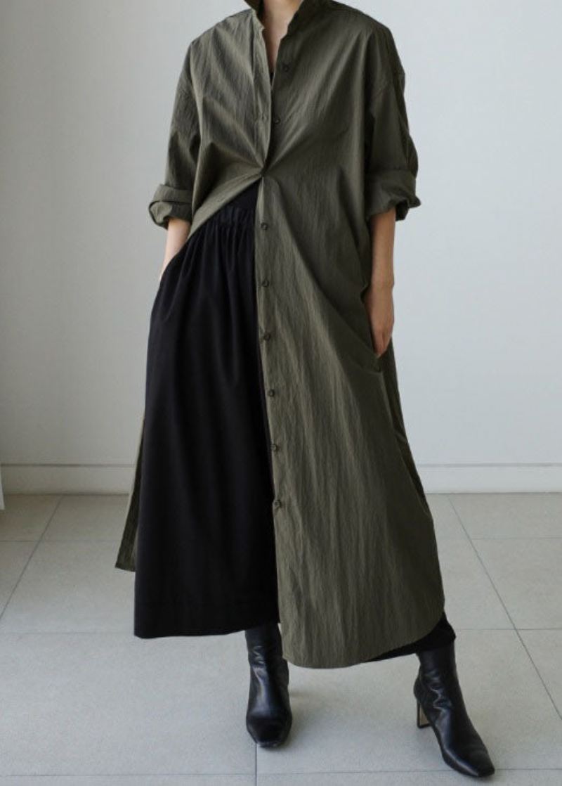 Stil Army Green Peter Pan Krage Bomull Slips Midje Lang Trench Coat Vår - Trenchcoats for kvinner