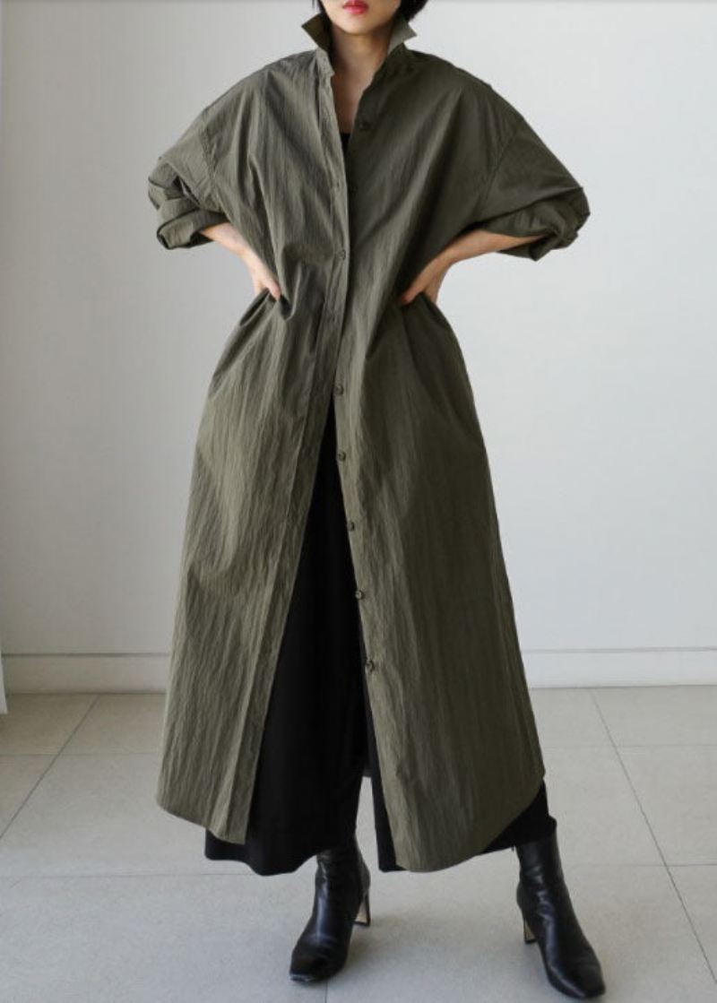 Stil Army Green Peter Pan Krage Bomull Slips Midje Lang Trench Coat Vår - Trenchcoats for kvinner