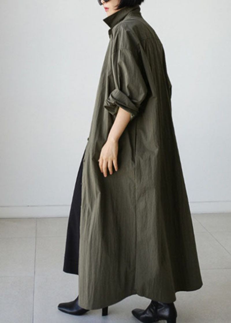 Stil Army Green Peter Pan Krage Bomull Slips Midje Lang Trench Coat Vår - Trenchcoats for kvinner