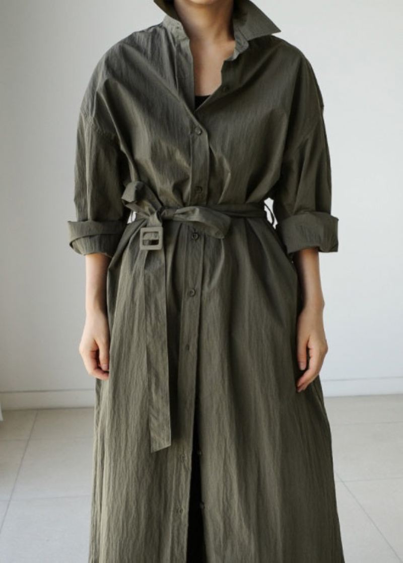 Stil Army Green Peter Pan Krage Bomull Slips Midje Lang Trench Coat Vår - Trenchcoats for kvinner