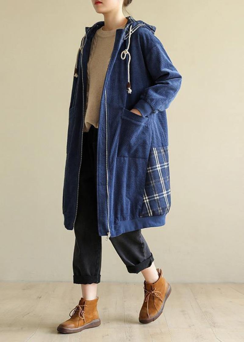 Stil Blå Fine Coats Kvinner Halslinje Hette Patchwork Outwears - Trenchcoats for kvinner