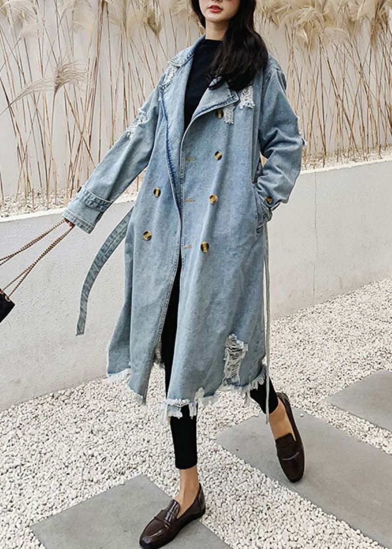 Stil Blå Peter Pan Krage Lommer Tie Midje Patchwork Denim Coat Fall