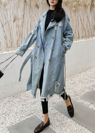 Stil Blå Peter Pan Krage Lommer Tie Midje Patchwork Denim Coat Fall