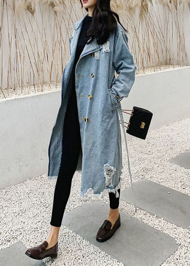 Stil Blå Peter Pan Krage Lommer Tie Midje Patchwork Denim Coat Fall - Trenchcoats for kvinner