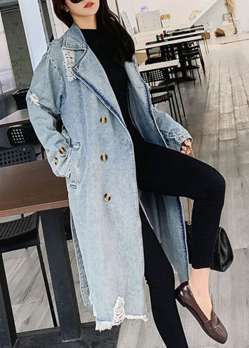 Stil Blå Peter Pan Krage Lommer Tie Midje Patchwork Denim Coat Fall - Trenchcoats for kvinner