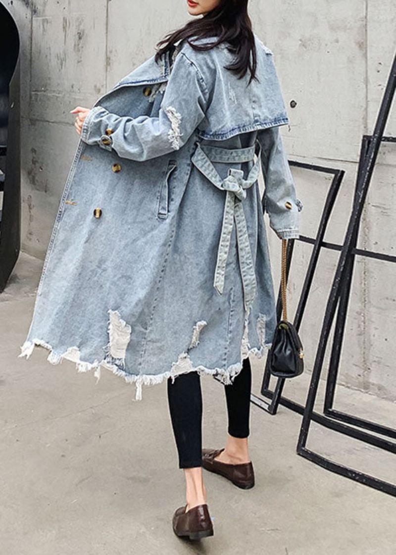 Stil Blå Peter Pan Krage Lommer Tie Midje Patchwork Denim Coat Fall - Trenchcoats for kvinner