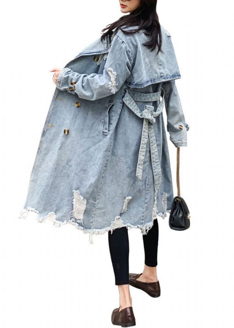 Stil Blå Peter Pan Krage Lommer Tie Midje Patchwork Denim Coat Fall - Trenchcoats for kvinner