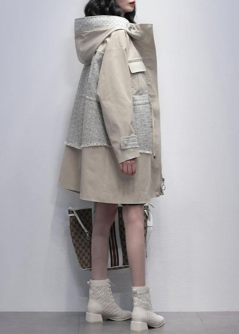 Stil Lys Beige Fin Trenchcoat Work Hette Patchwork Yttertøy - Trenchcoats for kvinner