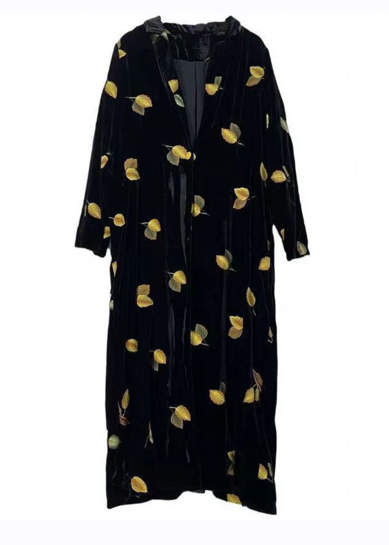 Stil Svart Notched Print Silke Velour Lange Trench Coats Langermet - Trenchcoats for kvinner