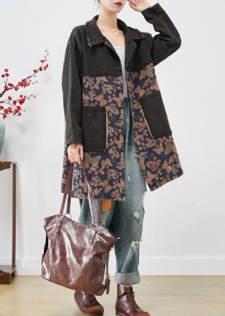 Stil Svart Oversized Patchwork Lommer Print Denim Trench Fall