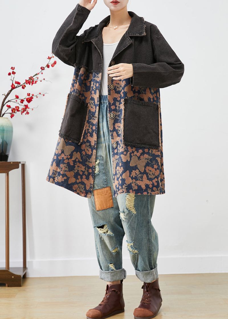 Stil Svart Oversized Patchwork Lommer Print Denim Trench Fall - Trenchcoats for kvinner