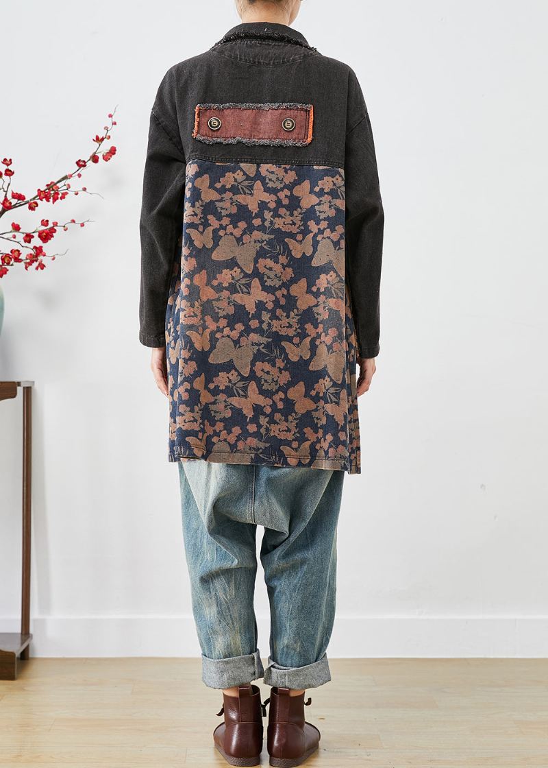 Stil Svart Oversized Patchwork Lommer Print Denim Trench Fall - Trenchcoats for kvinner