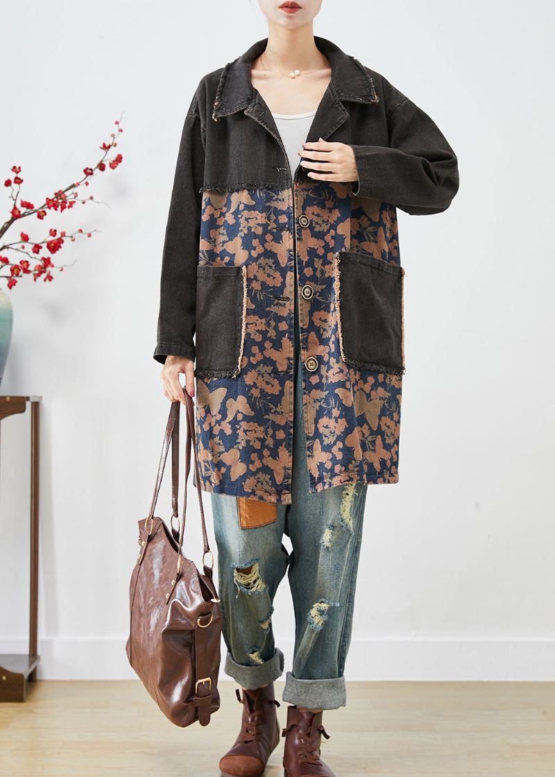 Stil Svart Oversized Patchwork Lommer Print Denim Trench Fall - Trenchcoats for kvinner