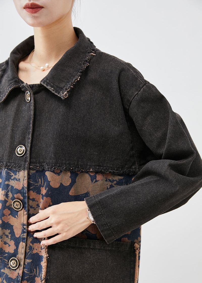 Stil Svart Oversized Patchwork Lommer Print Denim Trench Fall - Trenchcoats for kvinner