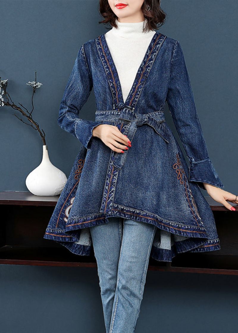 Stilig Blå V-hals Brodert Slips Midje Bomull Denim Trenchcoats Lange Ermer - Trenchcoats for kvinner