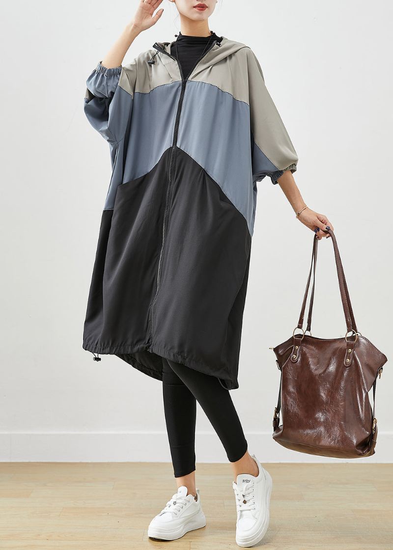 Stilig Colorblock Oversized Patchwork Drawstring Spandex Trench Fall