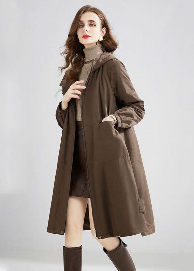 Stilig Khaki Hette Overdimensjonerte Lommer Varm Fleece Trench Vinter - Trenchcoats for kvinner