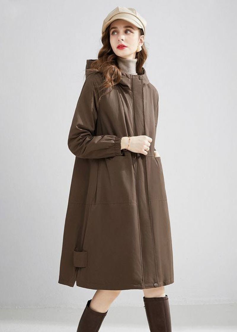 Stilig Khaki Hette Overdimensjonerte Lommer Varm Fleece Trench Vinter - Trenchcoats for kvinner