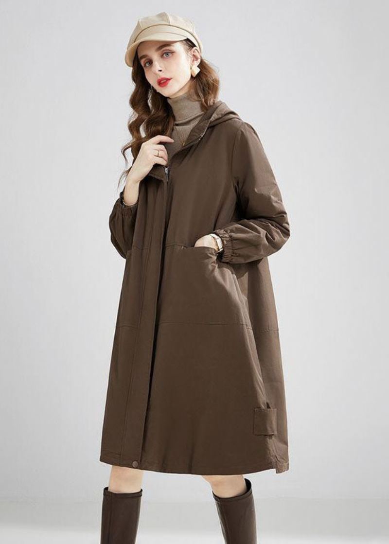 Stilig Khaki Hette Overdimensjonerte Lommer Varm Fleece Trench Vinter - Trenchcoats for kvinner