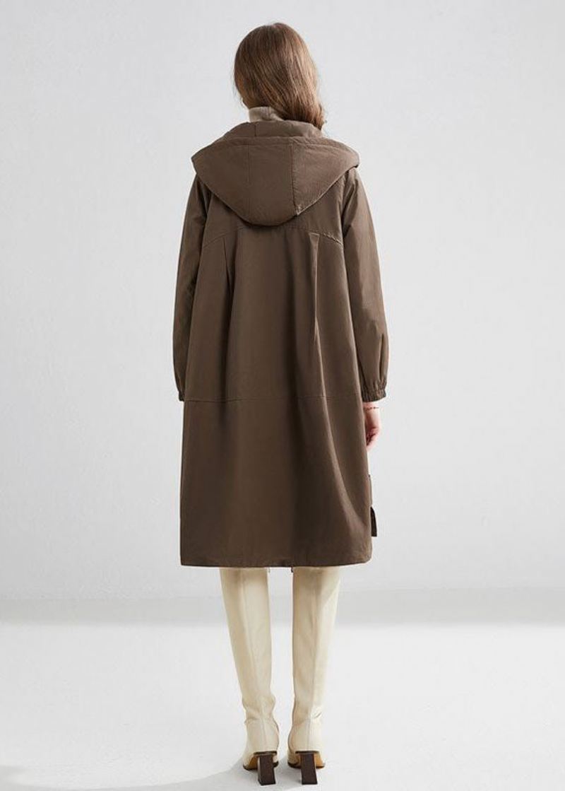 Stilig Khaki Hette Overdimensjonerte Lommer Varm Fleece Trench Vinter - Trenchcoats for kvinner