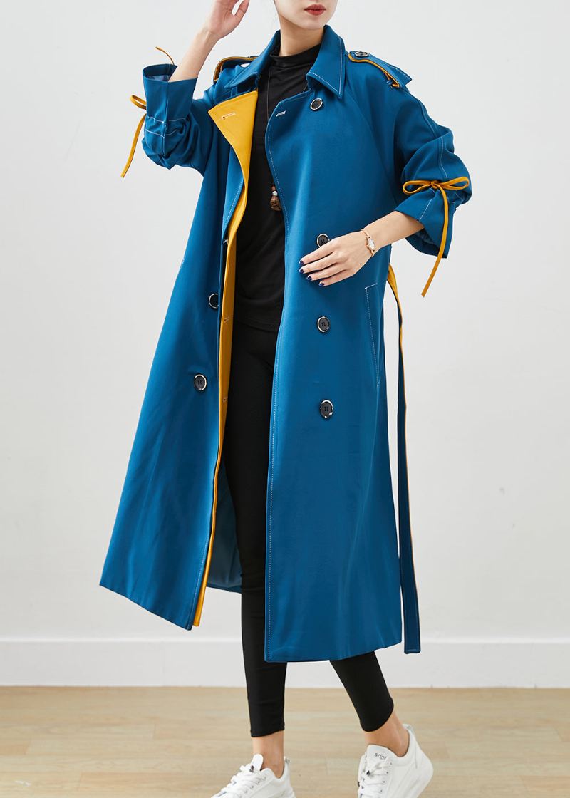 Stilig Peacock Blue Double Breast Tie Midje Cotton Coats Fall