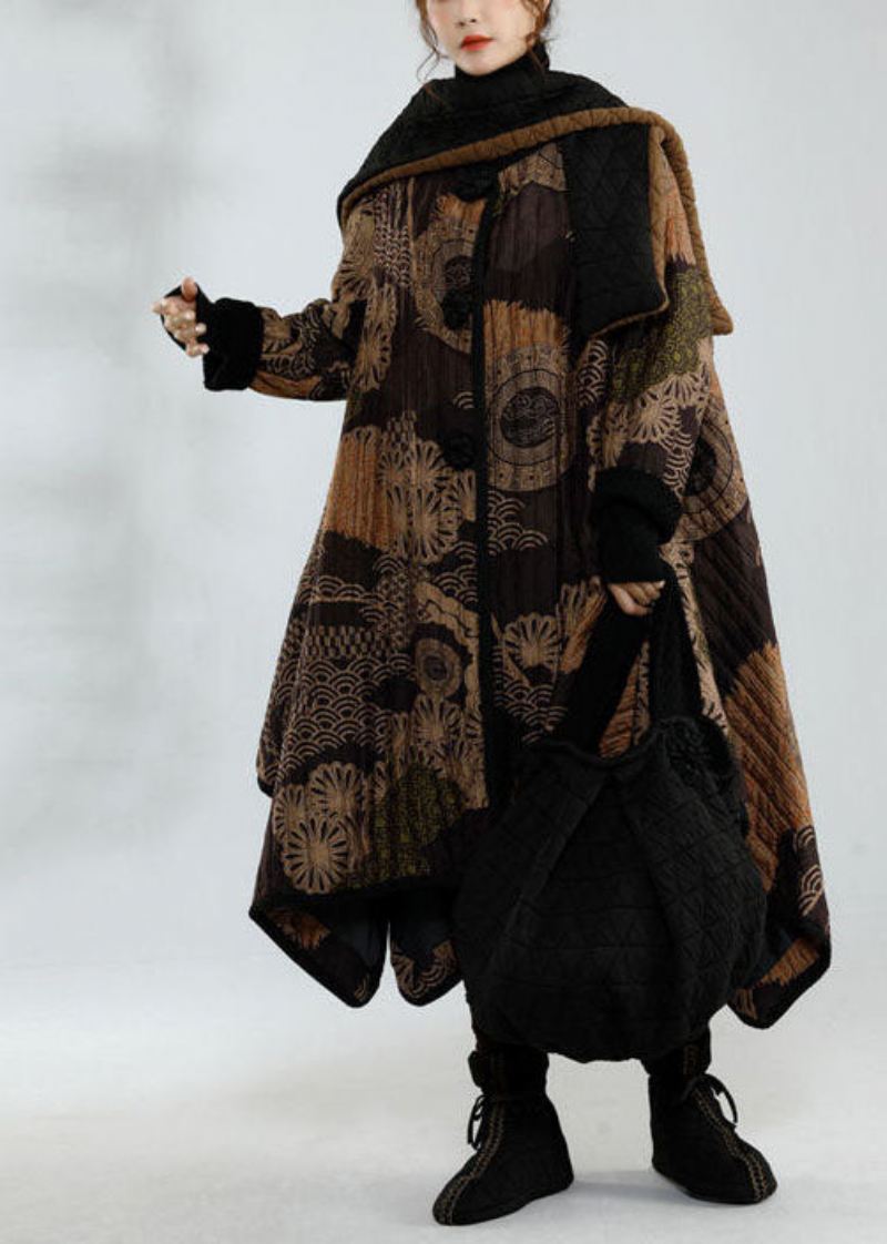 Stilig Svart Asymmetrisk Design Oversized Print Fine Bomullsfylte Trenchcoats Vinter - Trenchcoats for kvinner