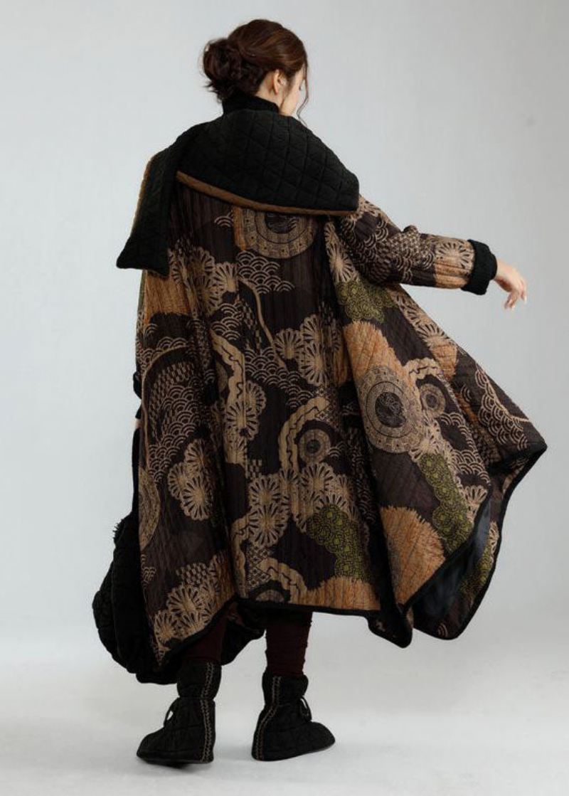 Stilig Svart Asymmetrisk Design Oversized Print Fine Bomullsfylte Trenchcoats Vinter - Trenchcoats for kvinner