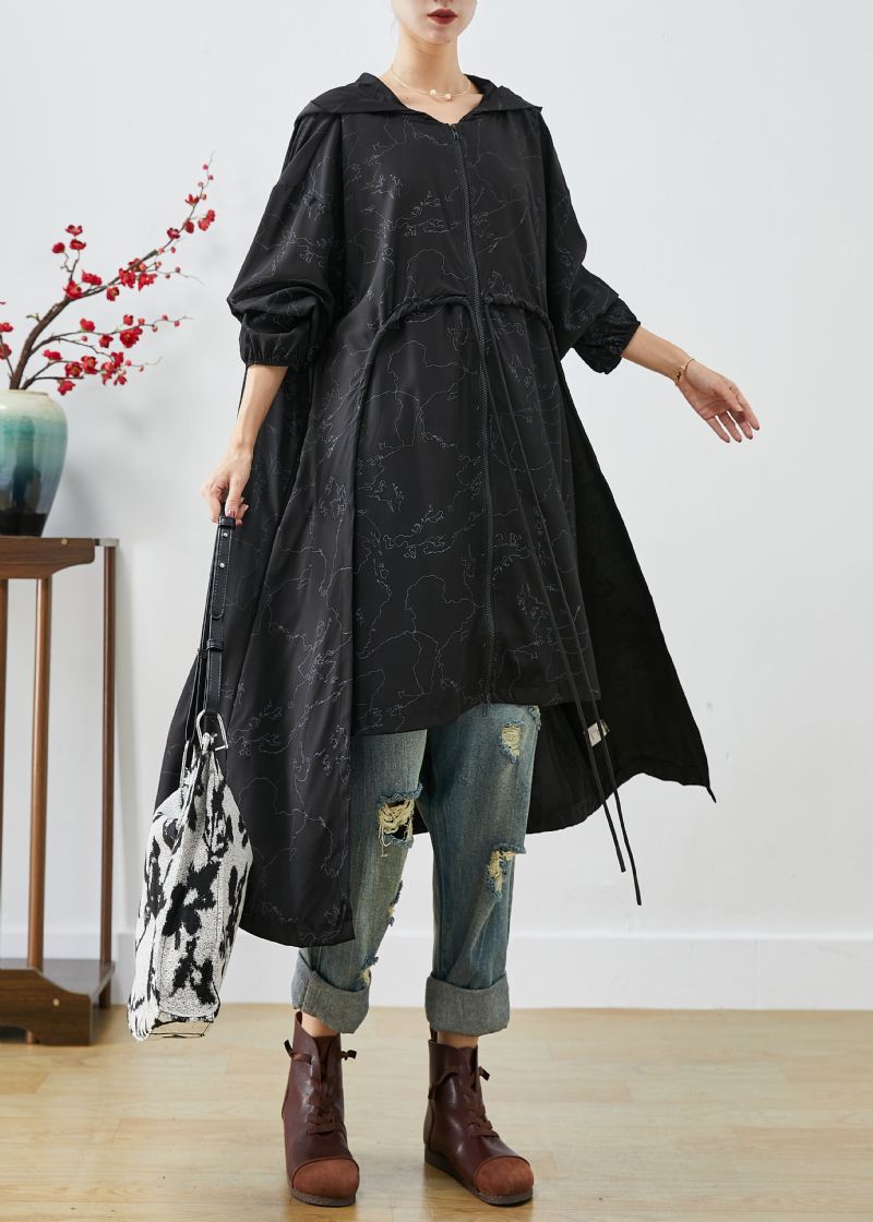 Stilig Svart Asymmetrisk Oversized Print Trench Coats Med Snøring Høst