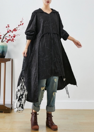 Stilig Svart Asymmetrisk Oversized Print Trench Coats Med Snøring Høst