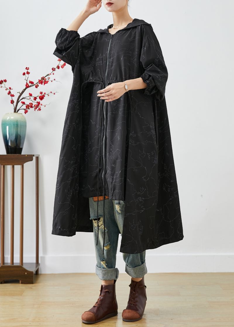 Stilig Svart Asymmetrisk Oversized Print Trench Coats Med Snøring Høst - Trenchcoats for kvinner