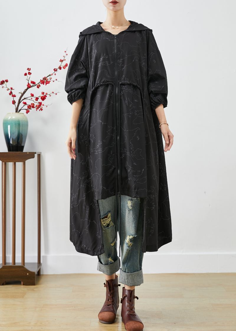 Stilig Svart Asymmetrisk Oversized Print Trench Coats Med Snøring Høst - Trenchcoats for kvinner