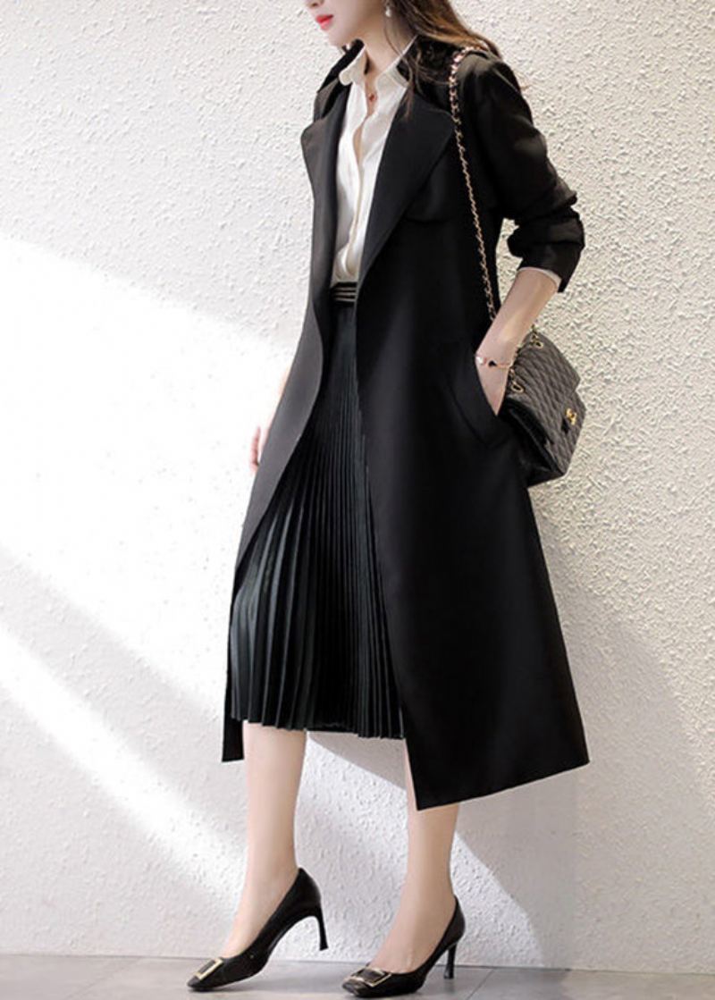 Svart Hakk Slips Midje Trench Coats Lange Ermer