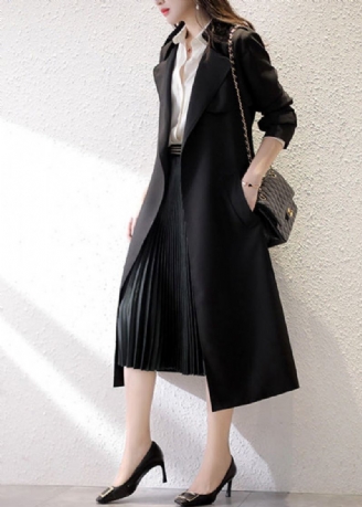 Svart Hakk Slips Midje Trench Coats Lange Ermer