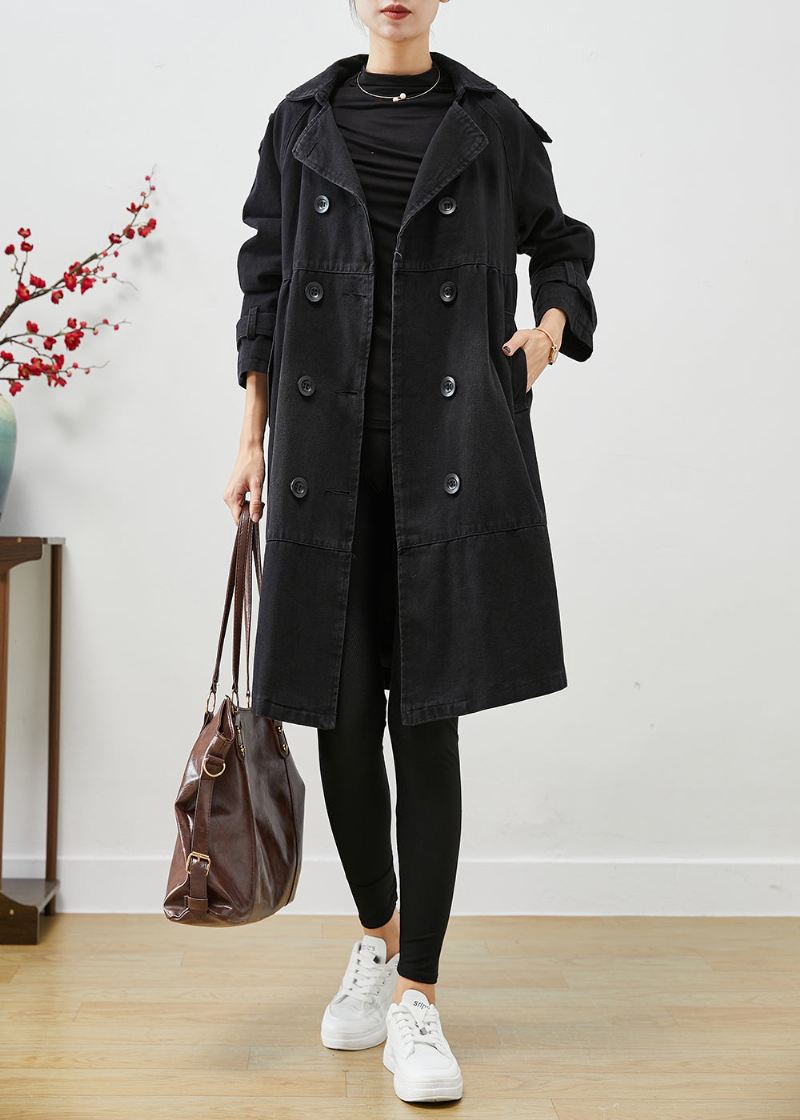 Svart Løs Denim Coat Outwear Peter Pan Krage Dobbel Bryst Fall - Trenchcoats for kvinner