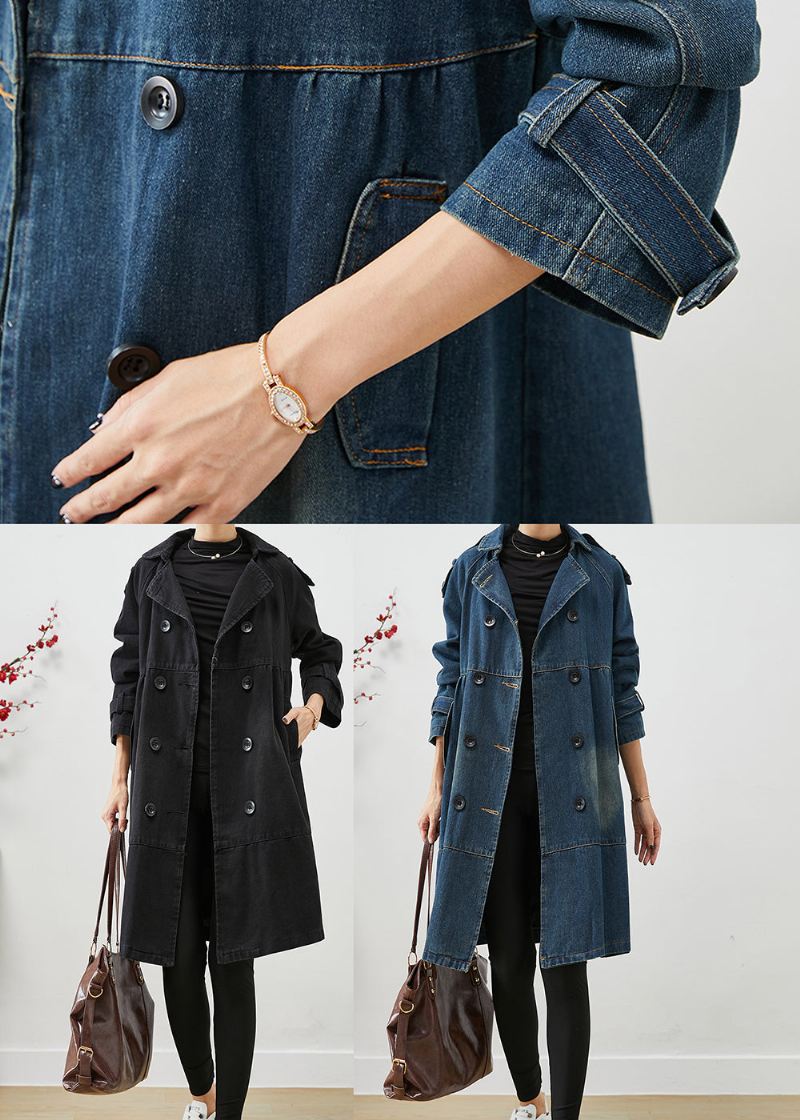 Svart Løs Denim Coat Outwear Peter Pan Krage Dobbel Bryst Fall - Trenchcoats for kvinner