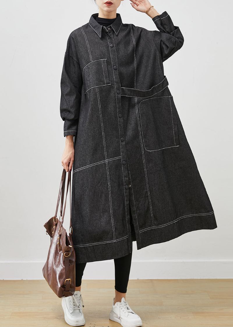 Svart Løs Denim Trench Coat Oversized Pocket Spring