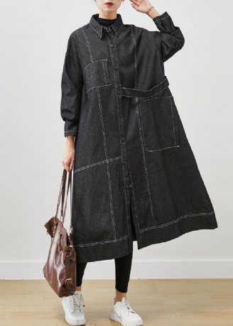 Svart Løs Denim Trench Coat Oversized Pocket Spring