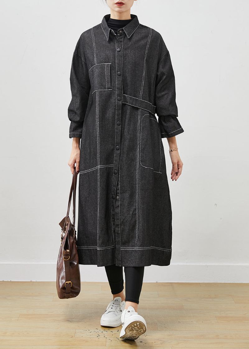 Svart Løs Denim Trench Coat Oversized Pocket Spring - Trenchcoats for kvinner